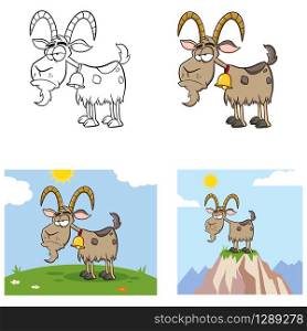 Grumpy Goat Cartoon Mascot Character. Set Vector Collection