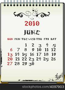grunge 2010 calendar with a blanknote paper - vector illustration