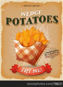 Grunge And Vintage Wedge Potatoes Poster. Illustration of a design vintage and grunge textured poster, with wedge potatoes icon, for fast food snack and takeaway menu