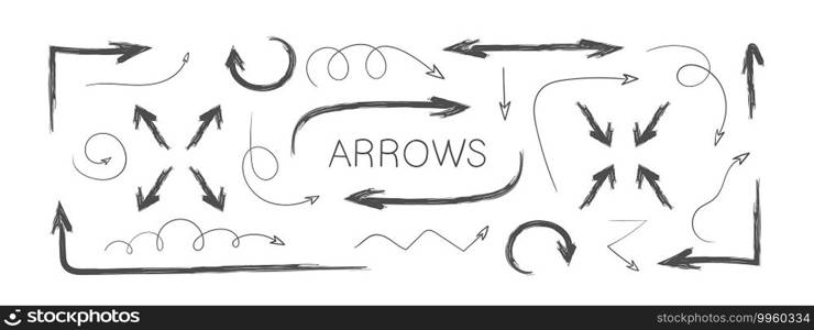 Grunge arrows. Hand drawn arrows. Set of vector curved arrows. Sketch doodle style. Vector illustration