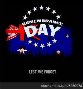 Grunge australian flag on dark background with Remembrance Day and Lest we forget text memorial vector illustration