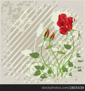 Grunge background with abstract red roses and butterfly