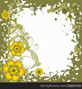Grunge background with abstract yellow flowers on a green background