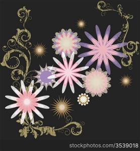 Grunge black background with abstract lilac and pink flowers and branches