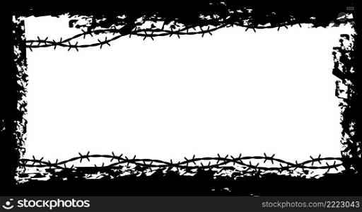 Grunge black frame. Barbed wire silhouette border. deprivation of liberty, totalitarian regime, hopelessness. Flat vector illustration isolated on white background.. Grunge black frame. Barbed wire border. Flat vector illustration isolated on white