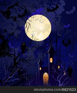 grunge blue background on halloween, with the full moon, night sky, with dried branches of trees, an old castle, flying bats and owls.&#xA;
