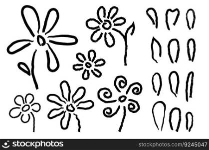 Grunge brush stroke flowers, abstract daisy and chamomile. Pencil imitation petals, nature floral black vector elements for background, stickers, patterns of daisy flower paint ink illustration. Grunge brush stroke flowers, abstract daisy and chamomile. Pencil imitation petals, nature floral black vector elements for background, stickers, patterns