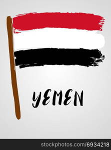 Grunge brush stroke with flag. Grunge brush stroke with Yemen national flag isolated on light grey background
