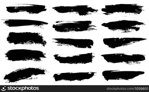 Grunge brushes. Black paint strokes, ink paintbrush texture. Brushstroke stain grungy drawing frame borders, isolated vector shapes banner line set. Grunge brushes. Black paint strokes, ink paintbrush texture. Brushstroke stain grungy drawing frame borders, isolated vector set
