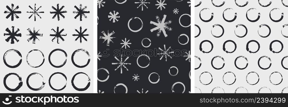Grunge brushes circles. Hand drawn dirty seamless pattern, simple snowflakes and round sketched vector elements. Illustration of brush grunge stroke. Grunge brushes circles. Hand drawn dirty seamless pattern, simple snowflakes and round sketched vector elements