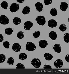 Grunge circles seamless pattern. Hand drawn paint brush. black ink stains wallpaper on silver background. Vector illustration. Grunge circles seamless pattern. Hand drawn paint brush.