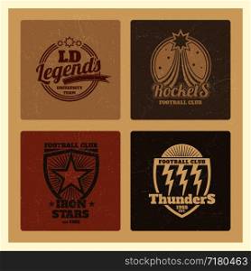 Grunge college athletic labels collection, set of varsity emblems, vintage sports teams badges. Vector illustration. Grunge college athletic labels, varsity emblems, vintage sports teams badges