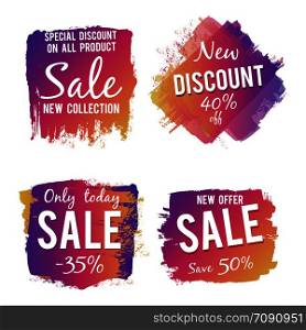 Grunge colorful discount and sale labels isolated on white background. Vector illustration. Grunge colorful discount and sale labels isolated on white background