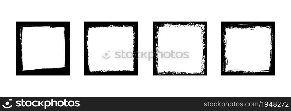 Grunge dirty square frames. Template with brush stroke. Rectangular and square border with grunge overlay. Set of vector illustrations isolated on white background.. Grunge dirty square frames. Template with brush stroke. Rectangular and square border with grunge overlay. Set of vector illustrations isolated on white background