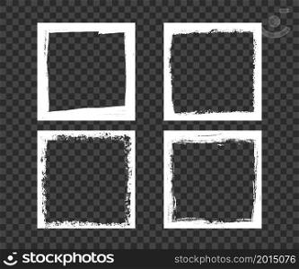 Grunge dirty square frames. Template with brush stroke. Rectangular and square border with grunge overlay. Set of vector illustrations isolated on transparent background.. Grunge dirty square frames. Template with brush stroke. Rectangular and square border with grunge overlay. Set of vector illustrations isolated on transparent background