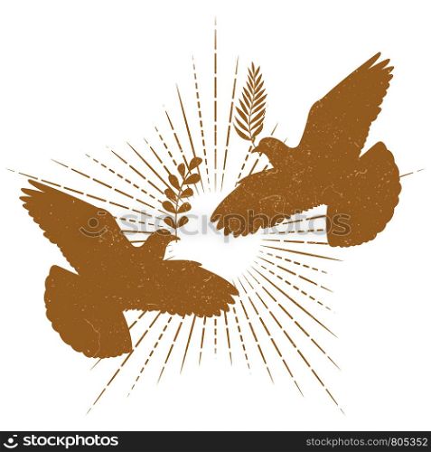 Grunge dove peace silhouette and starburst. Hipster pigeon logo isolated on white background. Vector illustration. Dove peace silhouette
