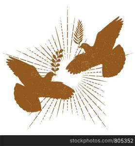 Grunge dove peace silhouette and starburst. Hipster pigeon logo isolated on white background. Vector illustration. Dove peace silhouette