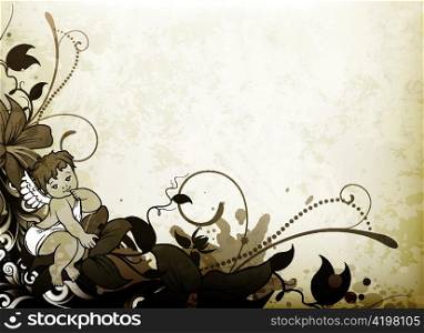 grunge floral background with angel vector illustration