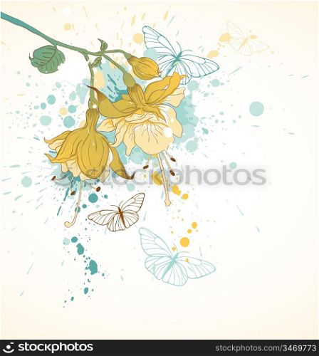grunge floral background with butterflies and yellow flowers