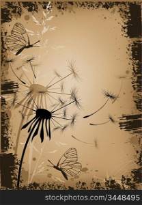 grunge floral background with dandelion and butterfly