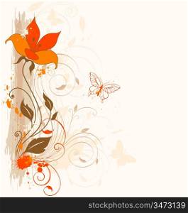 Grunge floral background with ornament and orange flower