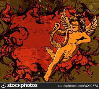 grunge floral frame with angel vector illustration