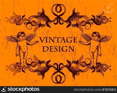 grunge floral frame with angels vector illustration