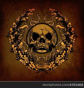 grunge floral frame with skull vector illustration