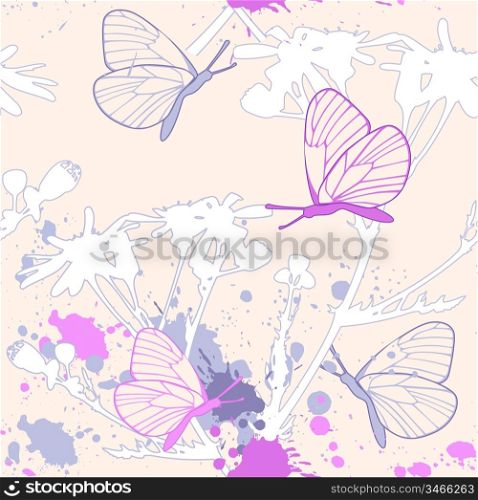 grunge floral seamless pattern with butterflies