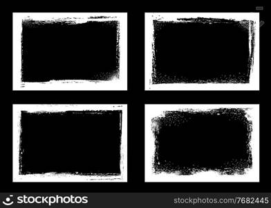 Grunge frames and borders, black and white halftone vector background. Grunge frame with rough texture edges, brush paint strokes and scratches, white dirt, splatter and chalk splash pattern. Grunge frames and borders, black white halftone