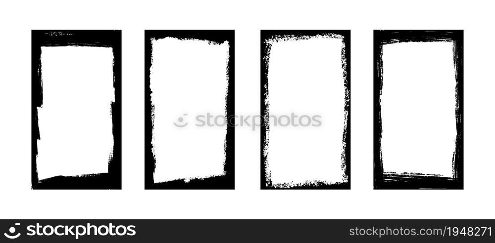 Grunge frames for stories and social network media 9 16. Template with brush stroke. Rectangular border with grunge overlay. Set of vector illustrations isolated on white background.. Grunge frames for stories and social network media 9 16. Template with brush stroke. Rectangular border with grunge overlay. Set of vector illustrations isolated on white background