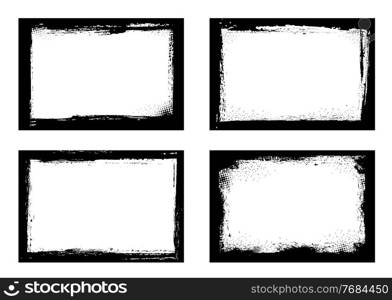 Grunge frames isolated vector black borders of rectangular shape with scratched rough edges on white background. Grungy old texture, dirty spatter vignettes, retro design elements or photo frames set. Grunge frames isolated vector black borders set