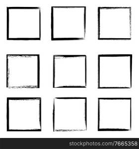 Grunge frames vector set, black square shape borders with scratched rough edges. Grungy old texture, dirty weathered vignettes or photo frames, decorative design elements isolated on white background. Grunge frames isolated vector black square borders