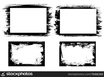 Grunge frames with black paint smudges, ink splatters. Ink brushstroke, dirt or black paint vector traces, stains and spots. Graphic frame, border with dirt texture, grungy background. Grunge frames with paint, ink or dirt strokes