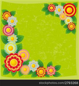Grunge green summer background with bright flowers.