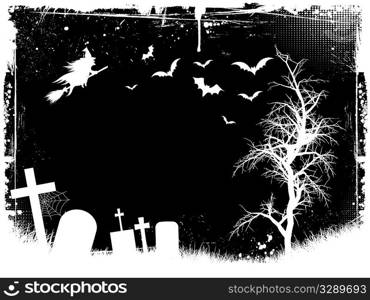 Grunge Halloween background with graveyard, bats and a flying witch