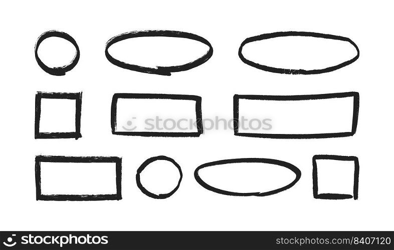 Grunge hand drawn circles, rectangles and ovals. Collection of textured highlight circle and square frames. Doodle circular borders for bullet journal design. Vector illustrations on white background.. Grunge hand drawn circles, rectangles and ovals. Collection of textured highlight circle and square frames. Doodle circular borders for bullet journal design. Vector illustrations on white background