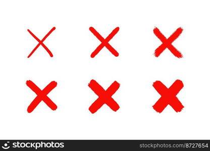 Grunge hand drawn red cross mark. Brush drawn symbols NO and X. Cross X for check box. False icons. Vector illustration isolated on white background.. Grunge hand drawn red cross mark. Brush drawn symbols NO and X. Cross X for check box. False icons. Vector illustration isolated on white background