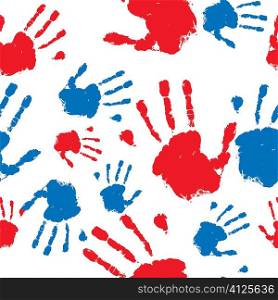 grunge hand prints in red and blue seamless pattern background