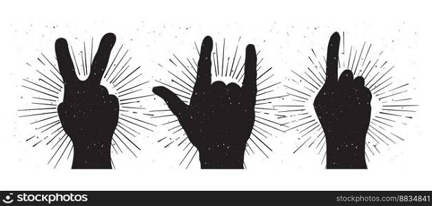 Grunge hand signs peace rock and indication finger vector image