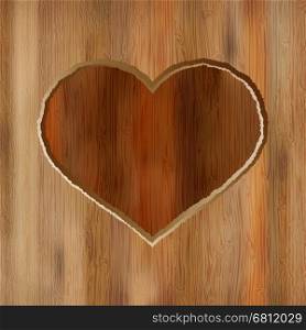 Grunge heart carved into wooden plank. + EPS8 vector file