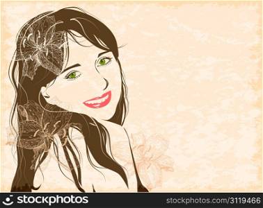 grunge line art portrait of flirting young girl with flowers