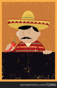 Grunge Mexican Chef Cook Menu. Illustration of a Mexican chef cook holding a blackboard with grunge texture