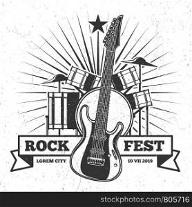 Grunge monochrome rock festival poster and banner design. Hipster music vector emblem illustration. Grunge monochrome rock festival poster design. Hipster music vector emblem