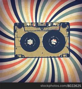 Grunge music background. Audio cassette illustration on rays