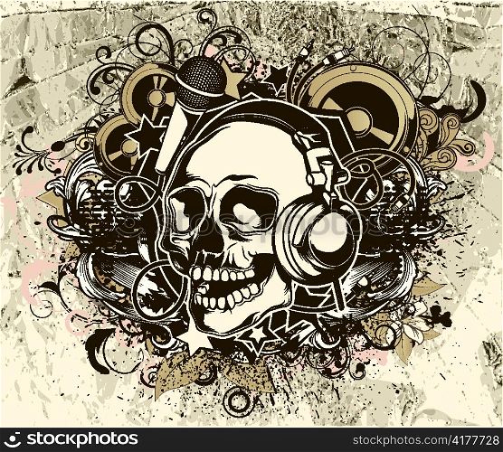 grunge music background with skull vector illustration