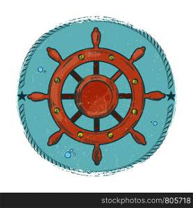 Grunge nautical emblem. Hand drawn sea wheel logo design. Vector illustration. Grunge nautical emblem. Hand drawn sea wheel