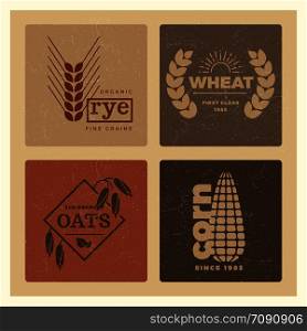 Grunge organic wheat grain farming agriculture vector logo set illustration. Organic wheat grain farming agriculture vector logo set