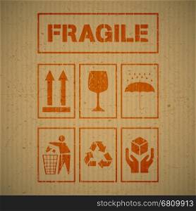 Grunge package handling labels on cardboard background. Fragile, this side up, glass, keep dry, keep clean, recycling, handle with care symbol. Vector illustration.