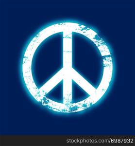 Grunge peace symbol with a blue neon glow, vintage design. Vector illustration.. Grunge peace symbol with a blue neon glow, vintage design